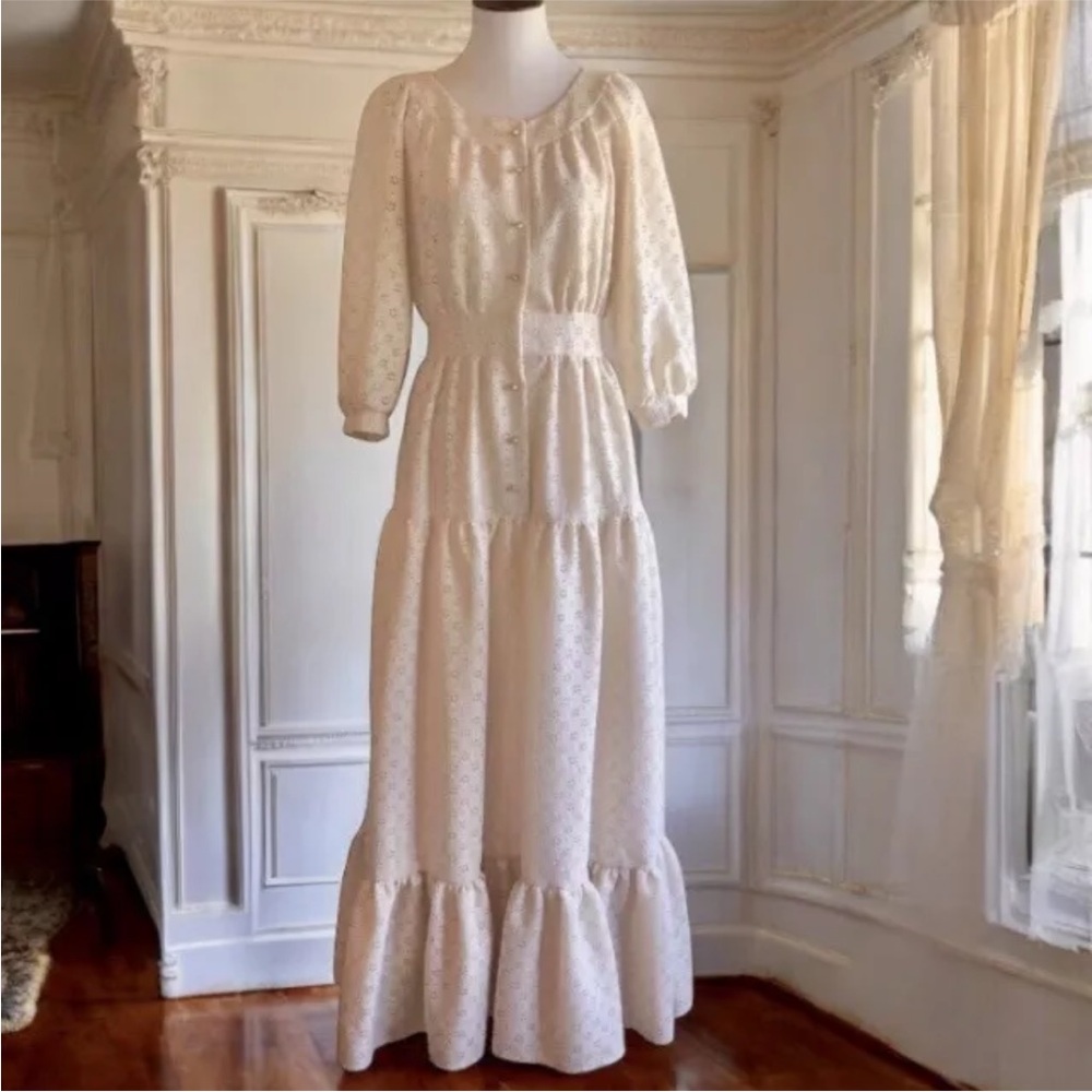 Vintage 70s Boho Maxi Dress Prairie Cottagecore Ivory Eyelet Lace XS/S